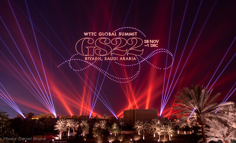 Global Summit logo scene formed by drones