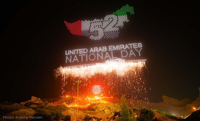 Hero picture pyro drones at National Day 2023 in Al Ain